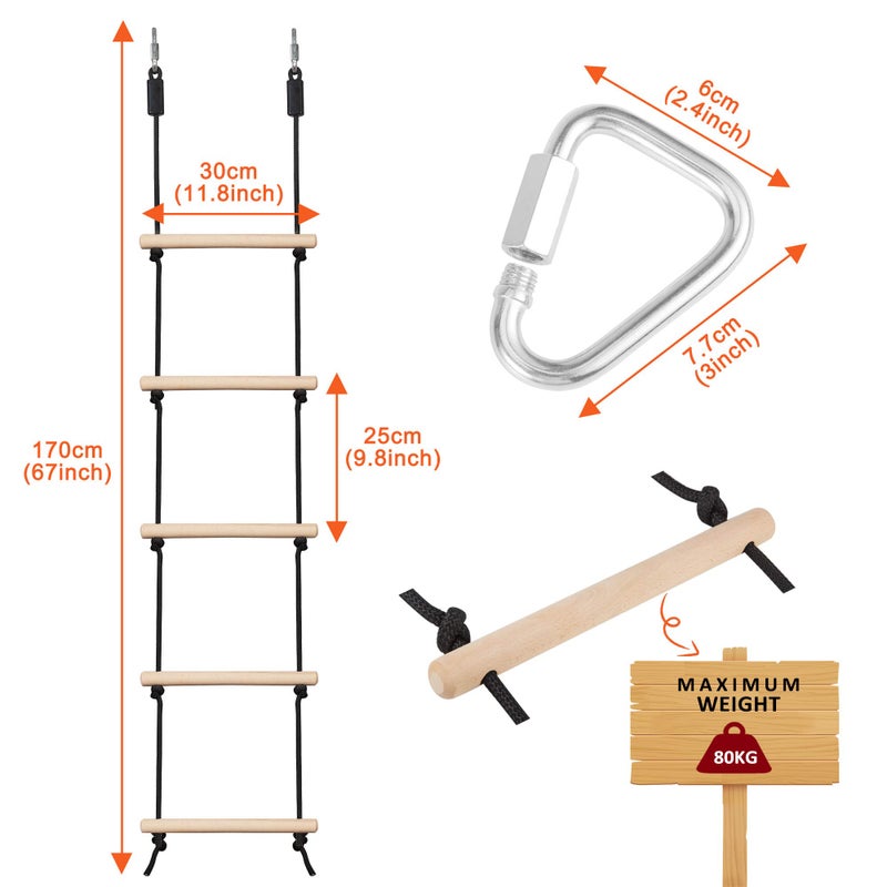 MONT PLEASANT Rope Ladder for Kids Climbing Obstacle Wooden Swing Rope Ladder with 2 Hooks for Kids Climbing Game Hanging Ladder for Swing Accessories, Playground, Play Set - Image 2